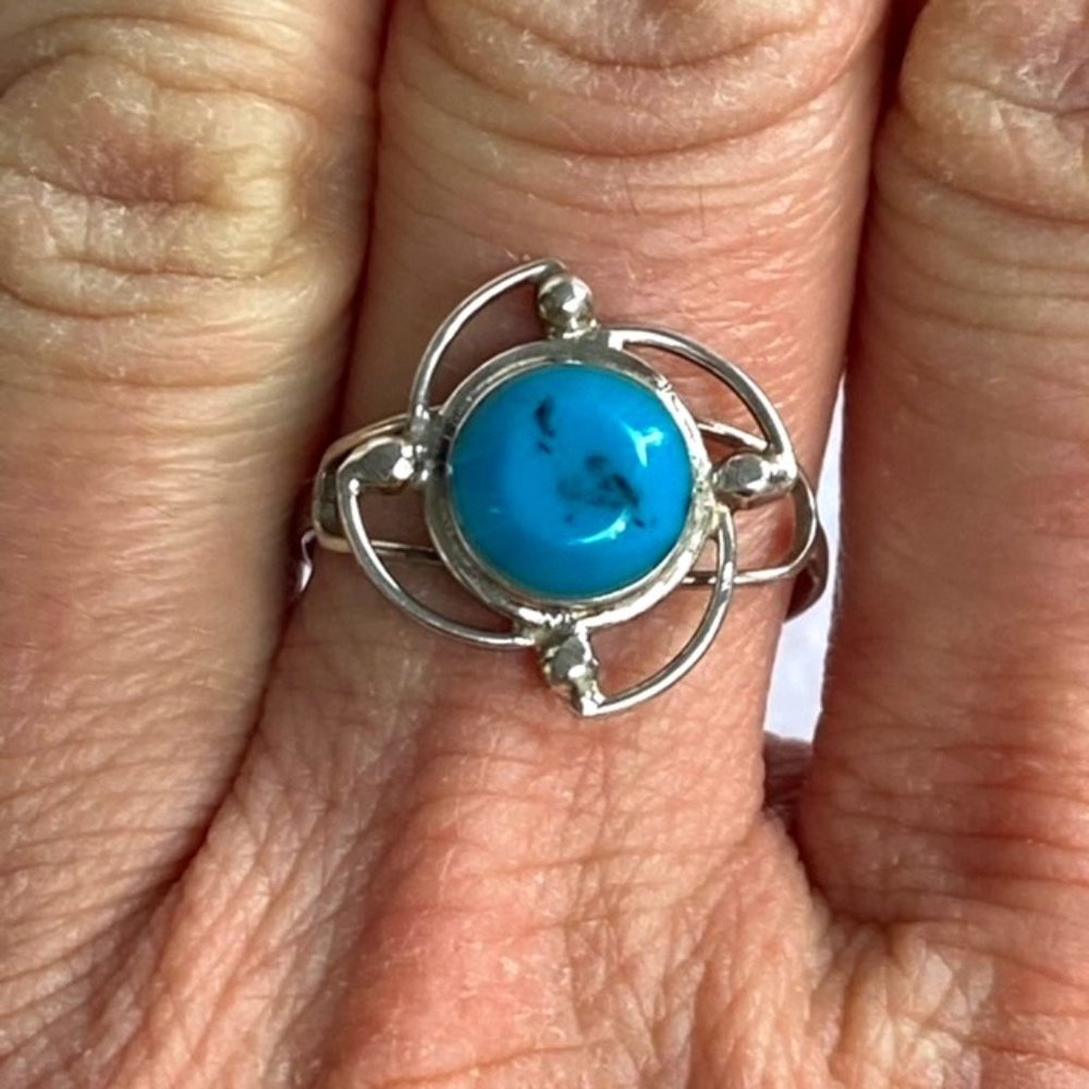 Sterling Silver 925 Faux Turquoise Modern Ring Floral Pinwheel Size 7 Openwork